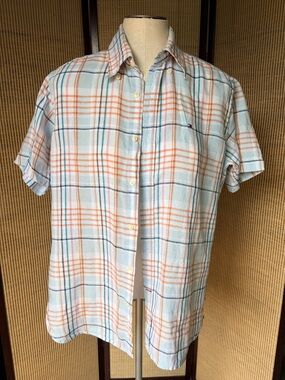 Tommy Hilfiger 100% Linen men’s  Blue & Orange Plaid Short-Sleeve Button-Down.